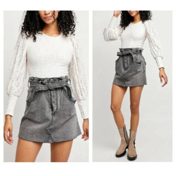 FREE PEOPLE Mini Skirt East Of Eden Denim Washed Black Belted NWT 27 - Picture 11 of 11